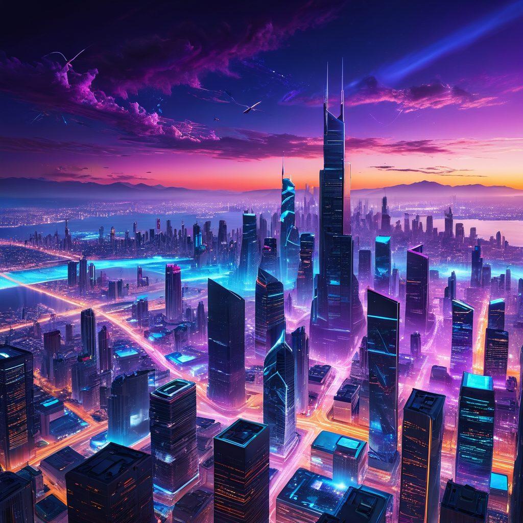 A futuristic city skyline with interconnected glowing networks and data streams crisscrossing between towering skyscrapers, symbolizing advanced cyber communication. Include digital holograms of people communicating across distances, with vibrant neon colors illuminating the scene. The sky should have a gradient of blues and purples showcasing a digital sunset. Incorporate elements like satellites and drones to emphasize technology in networking. cyberpunk. vibrant colors. 3D.
