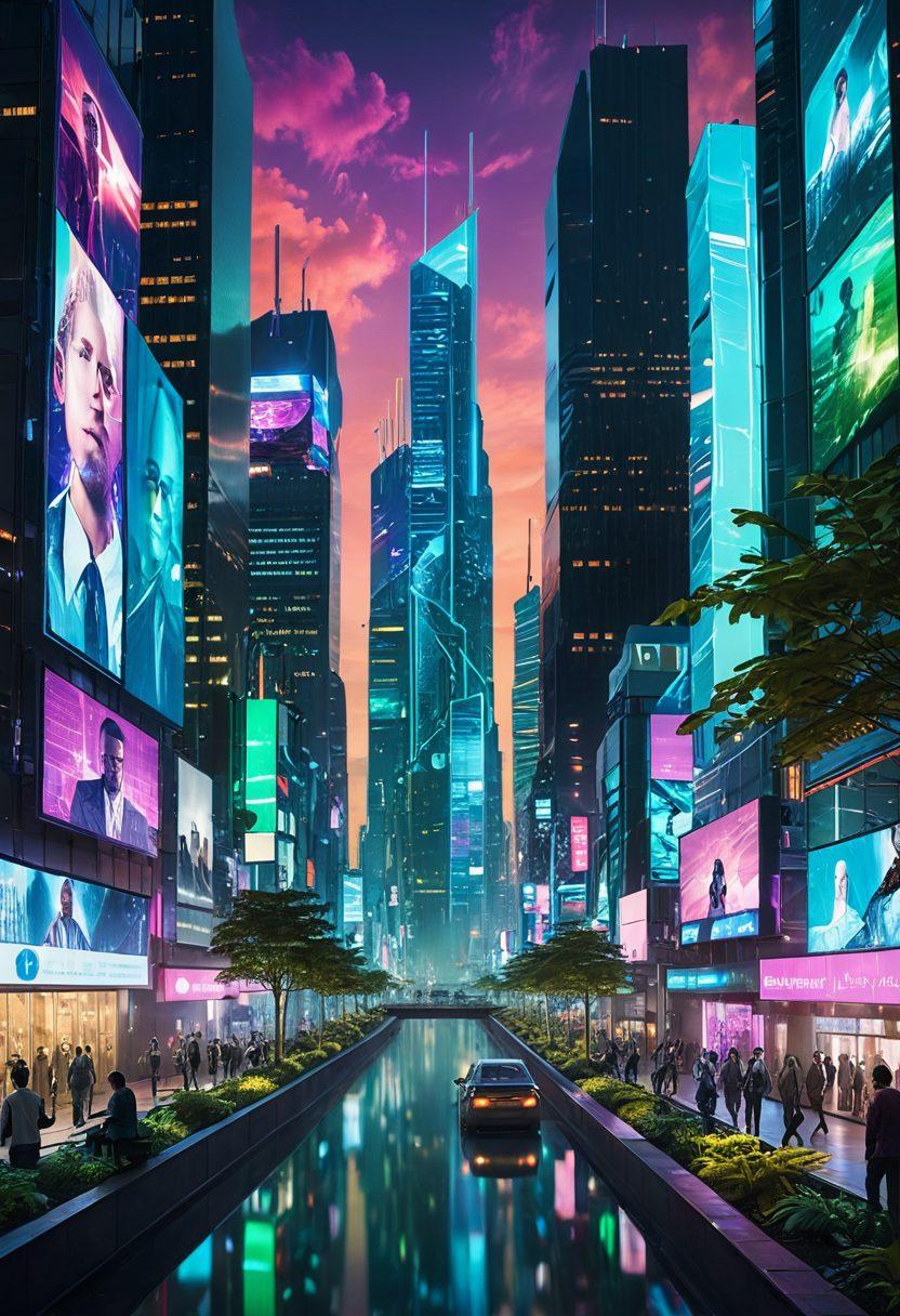 A futuristic cityscape with diverse people interacting through holographic screens, showcasing various forms of online connectivity like video calls and social media. Include vibrant digital elements like data streams and glowing icons to symbolize trends. The skyline should reflect advanced technology with green spaces blending into the architecture. Capture a sense of community and technological advancement. cyberpunk. vibrant colors.