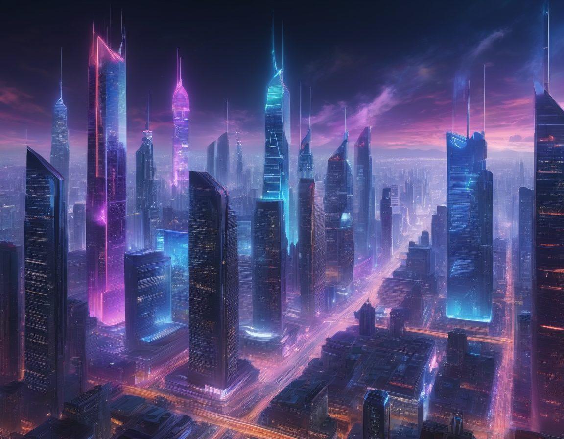 A futuristic city skyline featuring advanced digital networking technologies, such as holographic displays and drone connectivity, interwoven with vibrant neon lights and abstract data streams. People engaged in diverse networking activities, showcasing innovation and collaboration. The atmosphere is dynamic, highlighting cutting-edge technology. super-realistic. vibrant colors. cyberpunk.